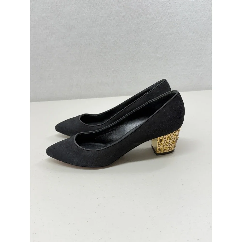 Giuseppe Zanotti Black Suede Studded Crystal Block Heel Pumps Pointed Toe 37 7